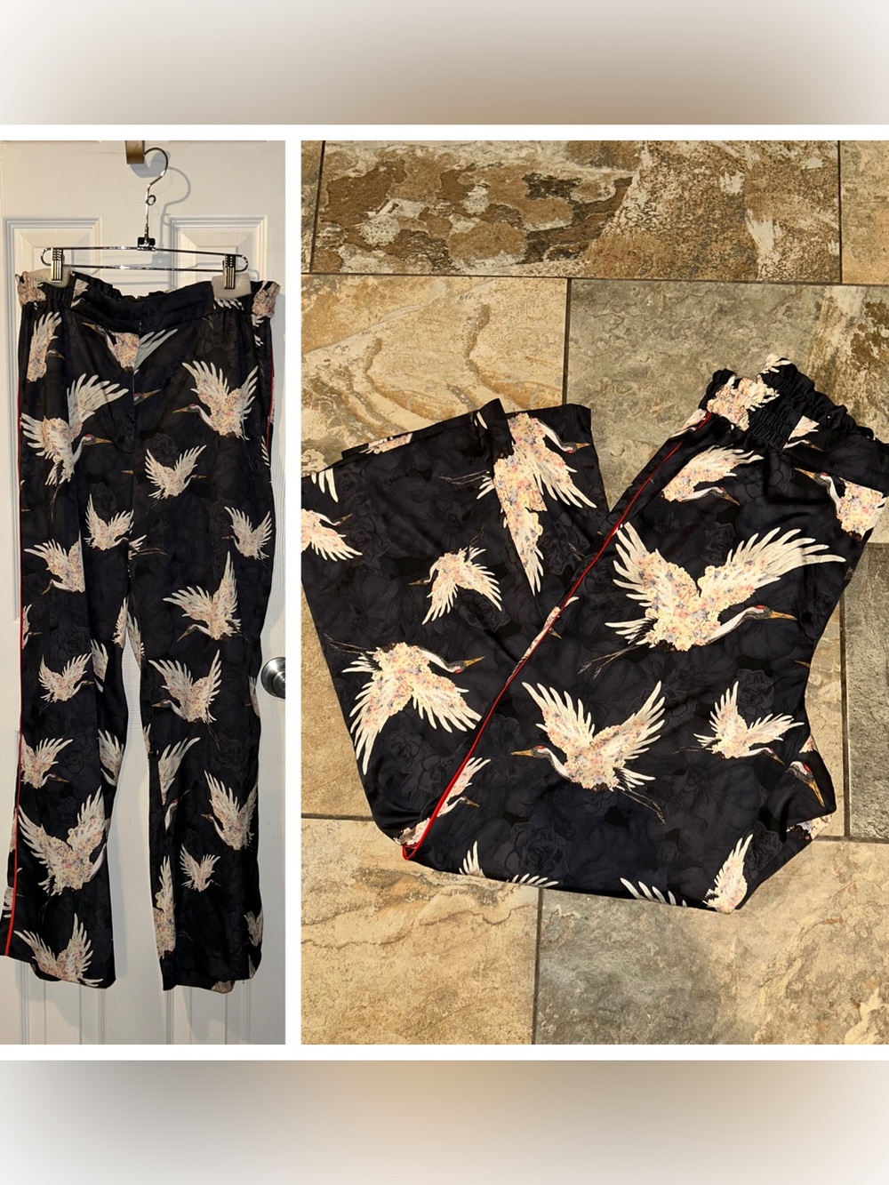 Crane Bird Floral Satin Style Slacks Bottoms Pants by H&M Sz 14